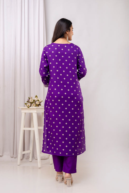 Purple Embroidered V Neck Women Straight Rayon Kurta Set
