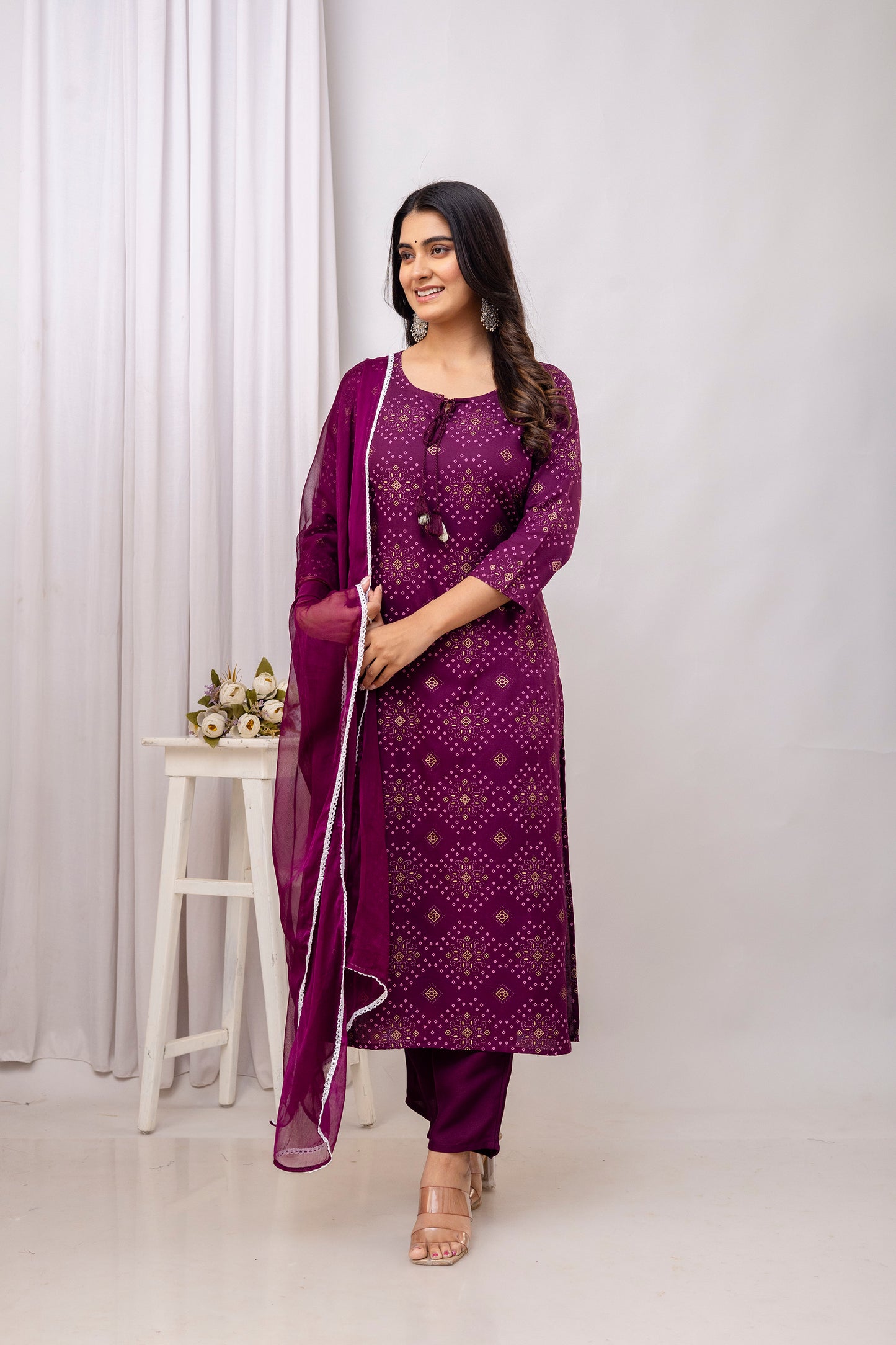 Wine Rayon Bandhani Printed Straight Kurta Pant and Dupatta Set with Dori and Tussels