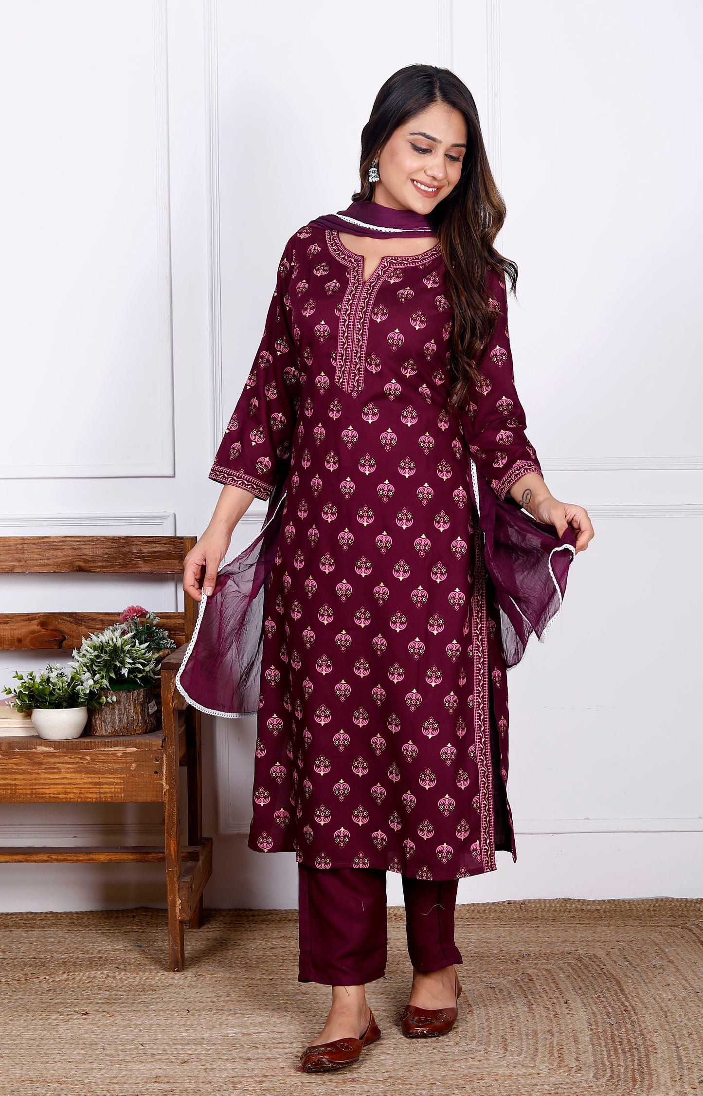 Wine Rayon Printed Women Round Neck Straight Kurta Pant and Dupatta Set