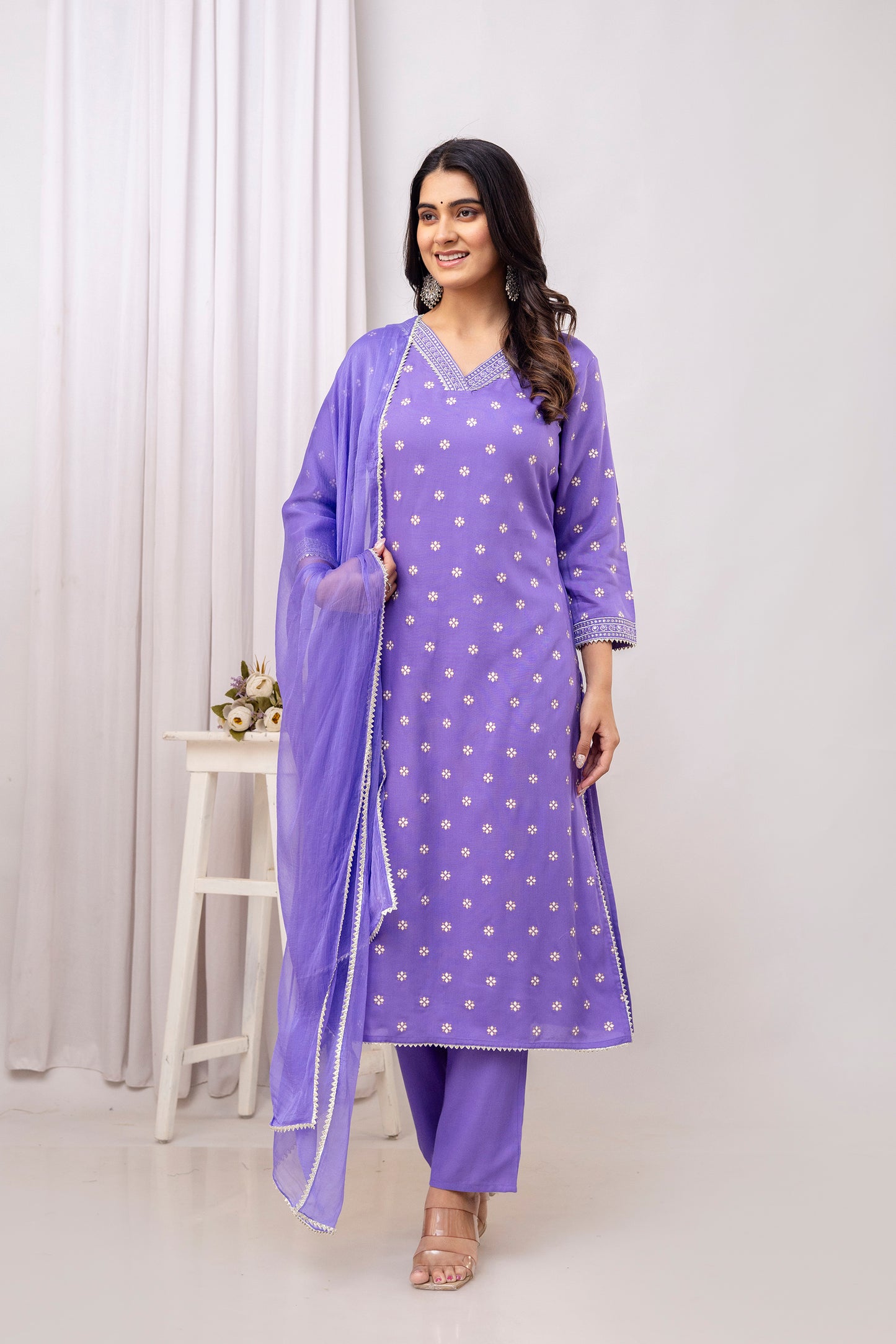 Purple Embroidered V Neck Women Straight Rayon Kurta Pant and Dupatta Set