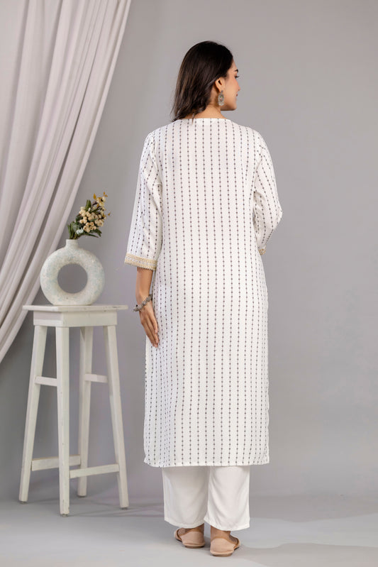 White Embroidered V Neck Women Straight Rayon Kurta Pant and Dupatta Set