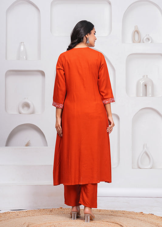 Orange Embroidered V Neck Rayon A-Line Kurta Pant and Dupatta Set