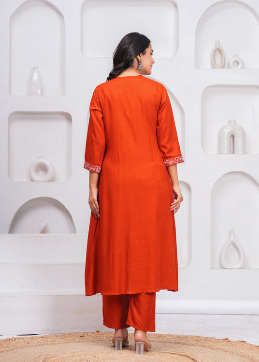 Orange Embroidered V Neck Rayon A-Line Kurta Pant and Dupatta Set