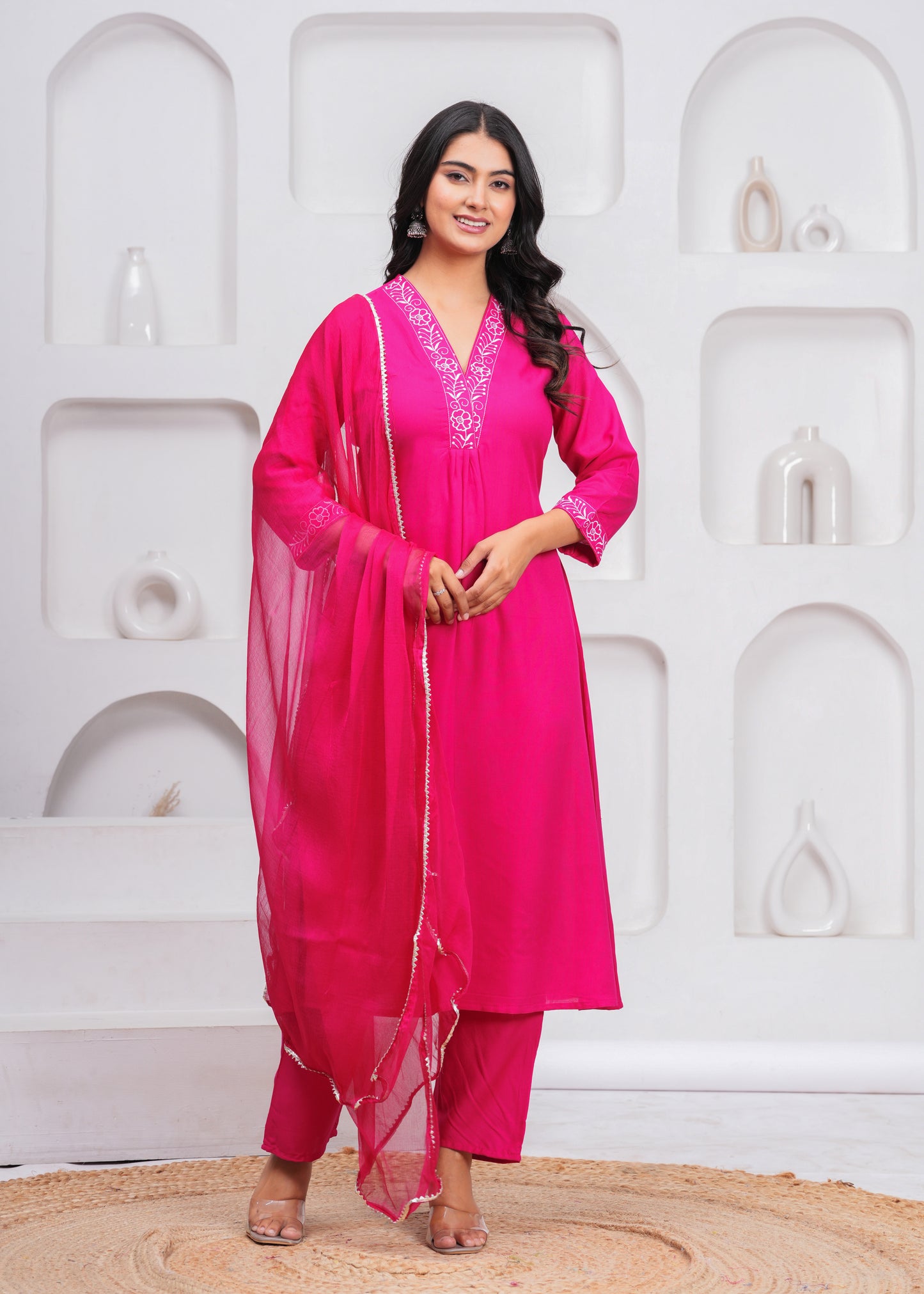 Pink Embroidered V Neck Rayon A-Line Kurta Pant and Dupatta Set