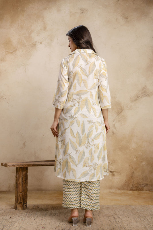 Veshviti Women Off White & Mustard Leaf Print Straight Kurta Set with Pants | Designer Ethnic Wear
