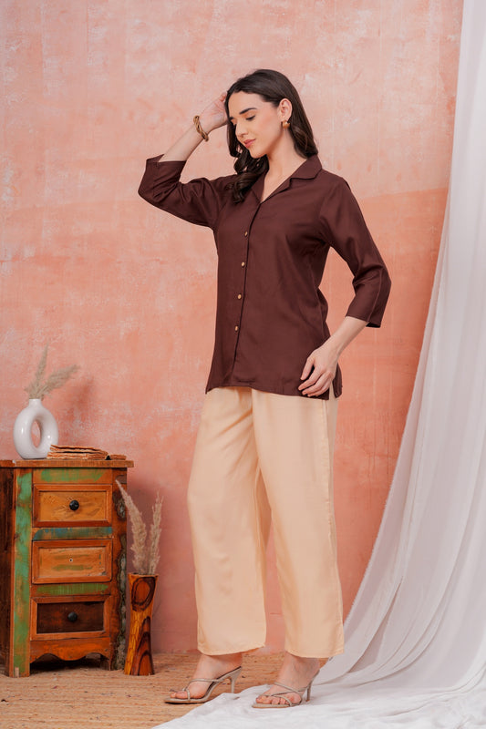 Women Brown Shirt Collar Top With Beige Palazzo Co-Ord Set