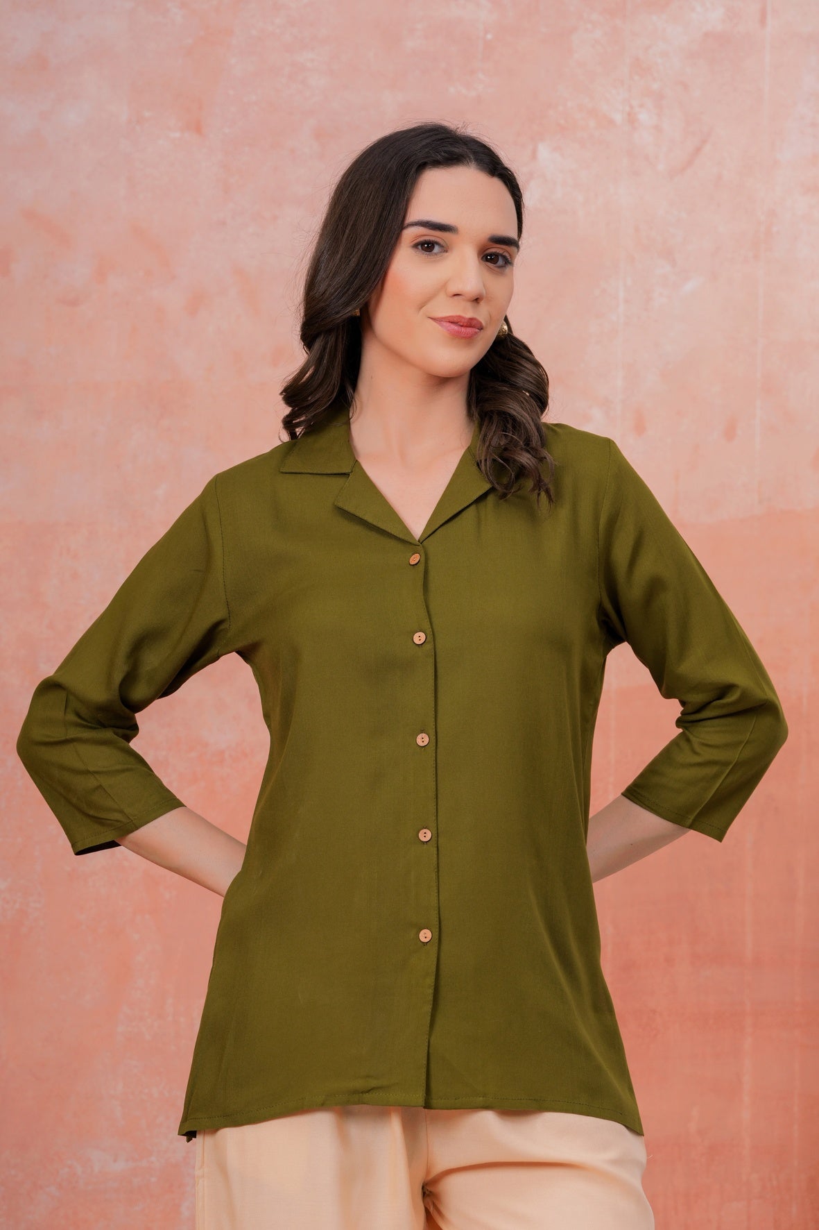 Women Green Shirt Collar Top With Beige Palazzo Co-Ord Set