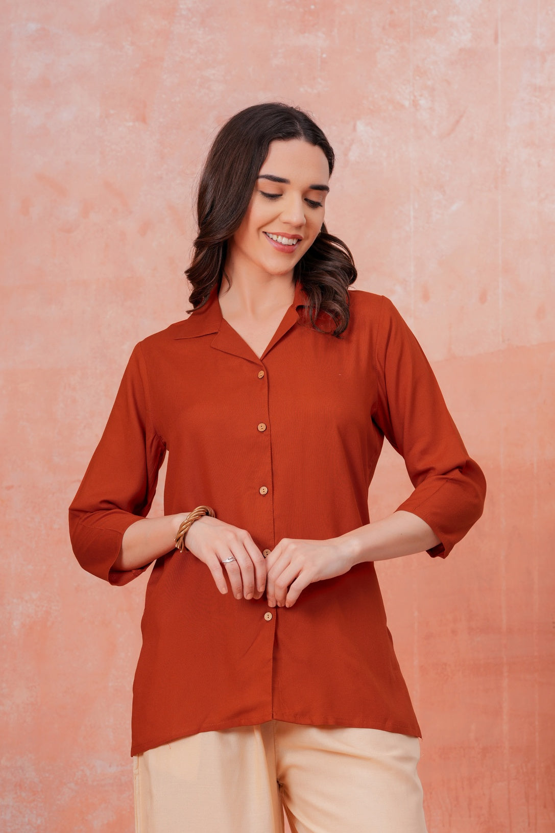 Women Maroon Shirt Collar Top With Beige Palazzo Co-Ord Set