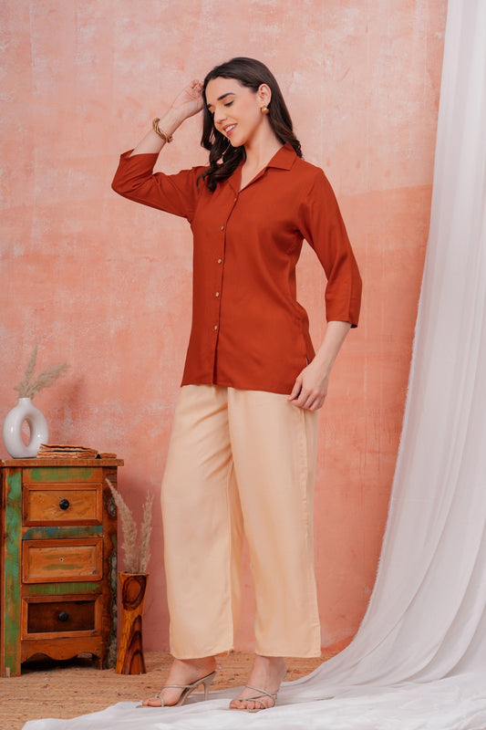Women Maroon Shirt Collar Top With Beige Palazzo Co-Ord Set