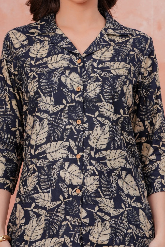 Veshviti Women Navy Blue Leaf Printed Shirt Collar Top With Palazzo Co-Ord Set