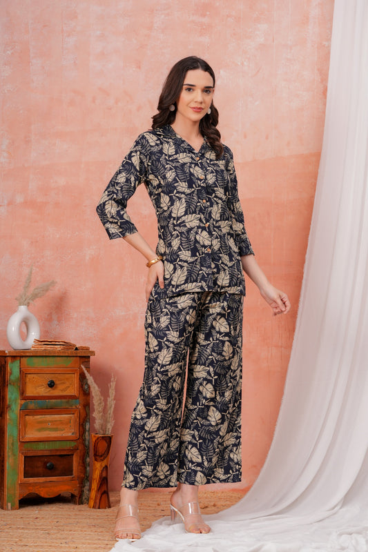 Veshviti Women Navy Blue Leaf Printed Shirt Collar Top With Palazzo Co-Ord Set