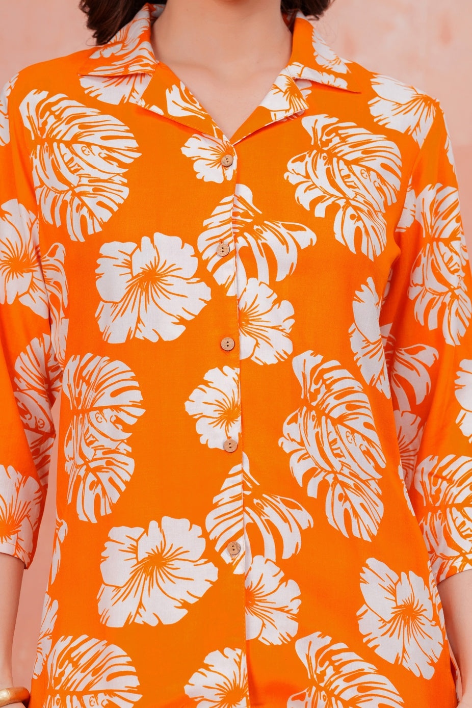 Women Orange Tropical Printed Shirt Collar Top With Palazzo Pants & One Side Pocket Co-Ord Set