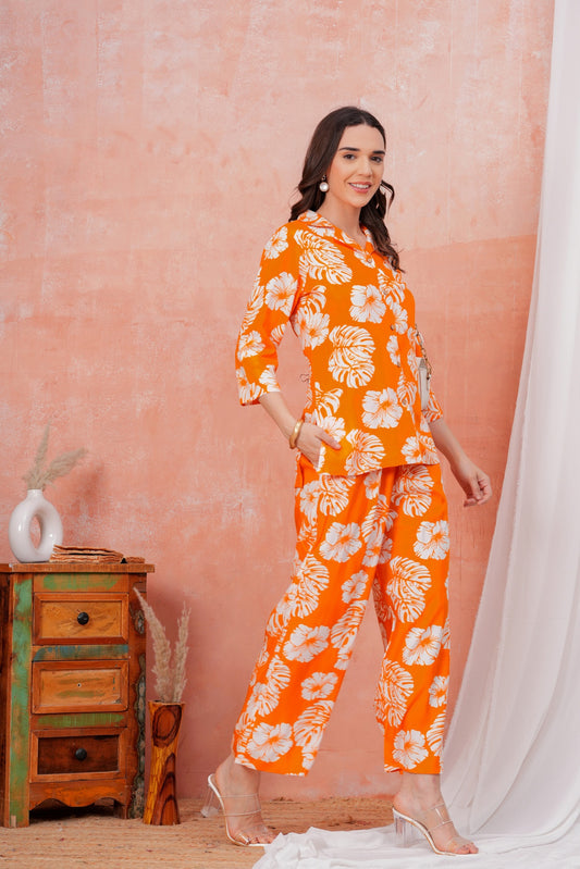 Women Orange Tropical Printed Shirt Collar Top With Palazzo Pants & One Side Pocket Co-Ord Set