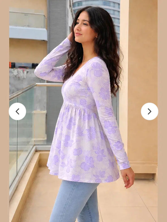 Veshviti Women Lavender Floral Print Peplum Top | V-Neck Flared Casual Top
