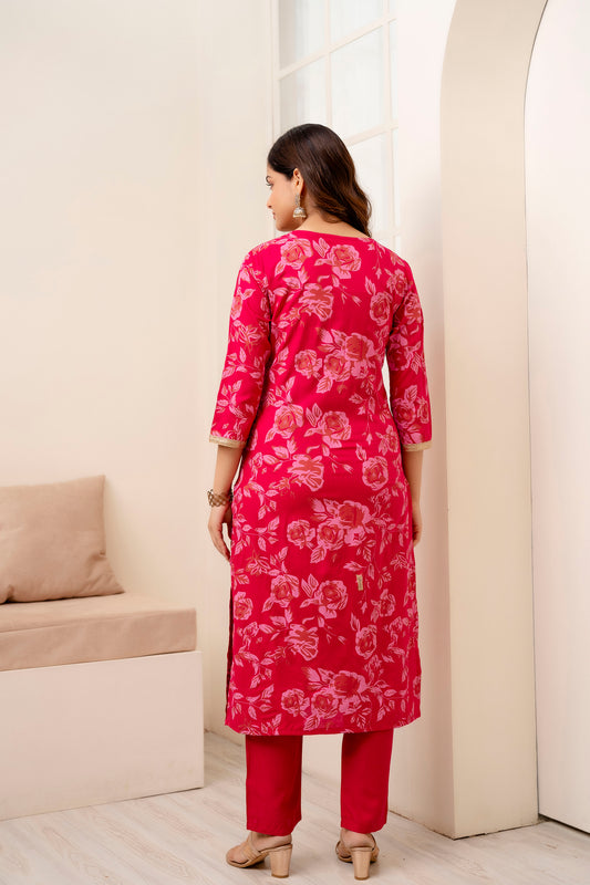 Pink Floral Printed V-Neck Lace Work Straight Kurta with Pant