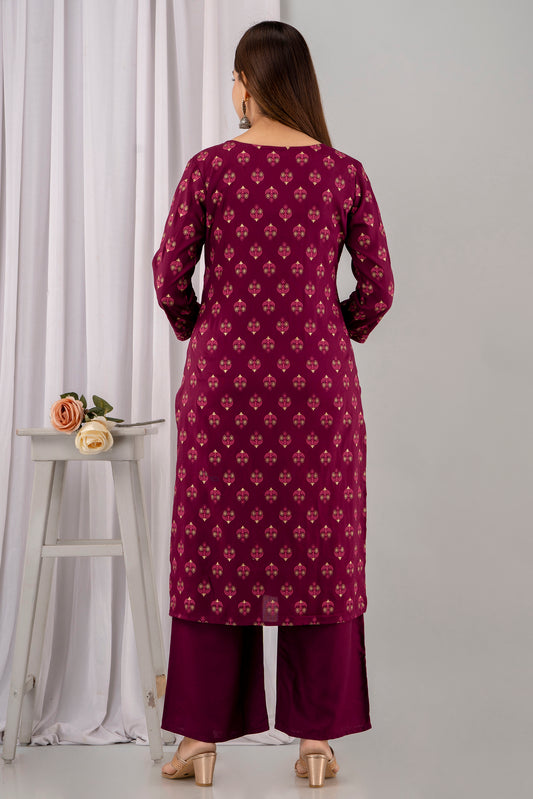 Wine Rayon Printed Women Round Neck Straight Kurta Set