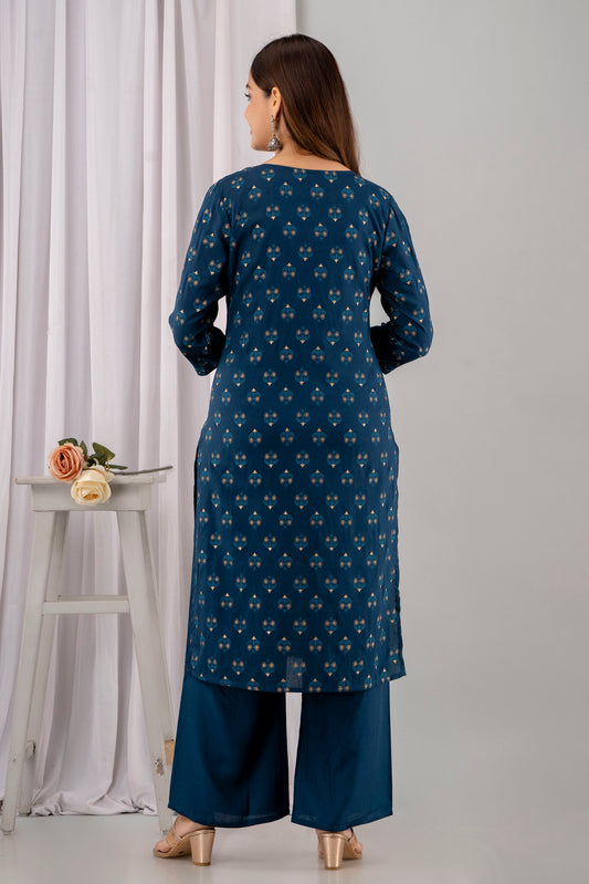 Teal Rayon Printed Women Round Neck Straight Kurta Set