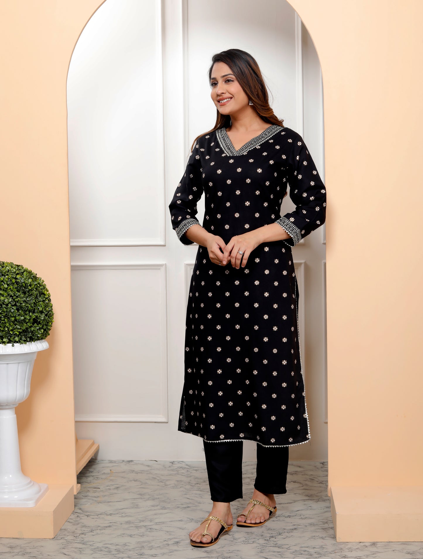 Black Embroidered V Neck Women Straight Rayon Kurta
