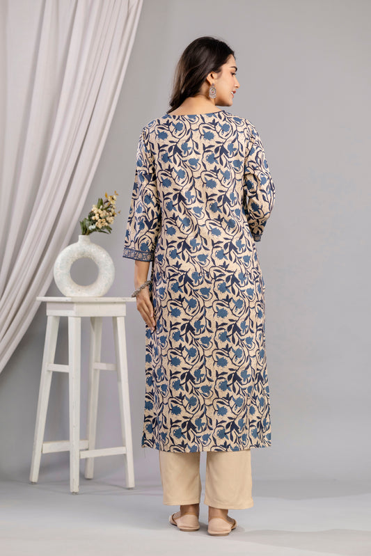 Teal Dabu Printed Rayon Printed Straight Women Kurta Set