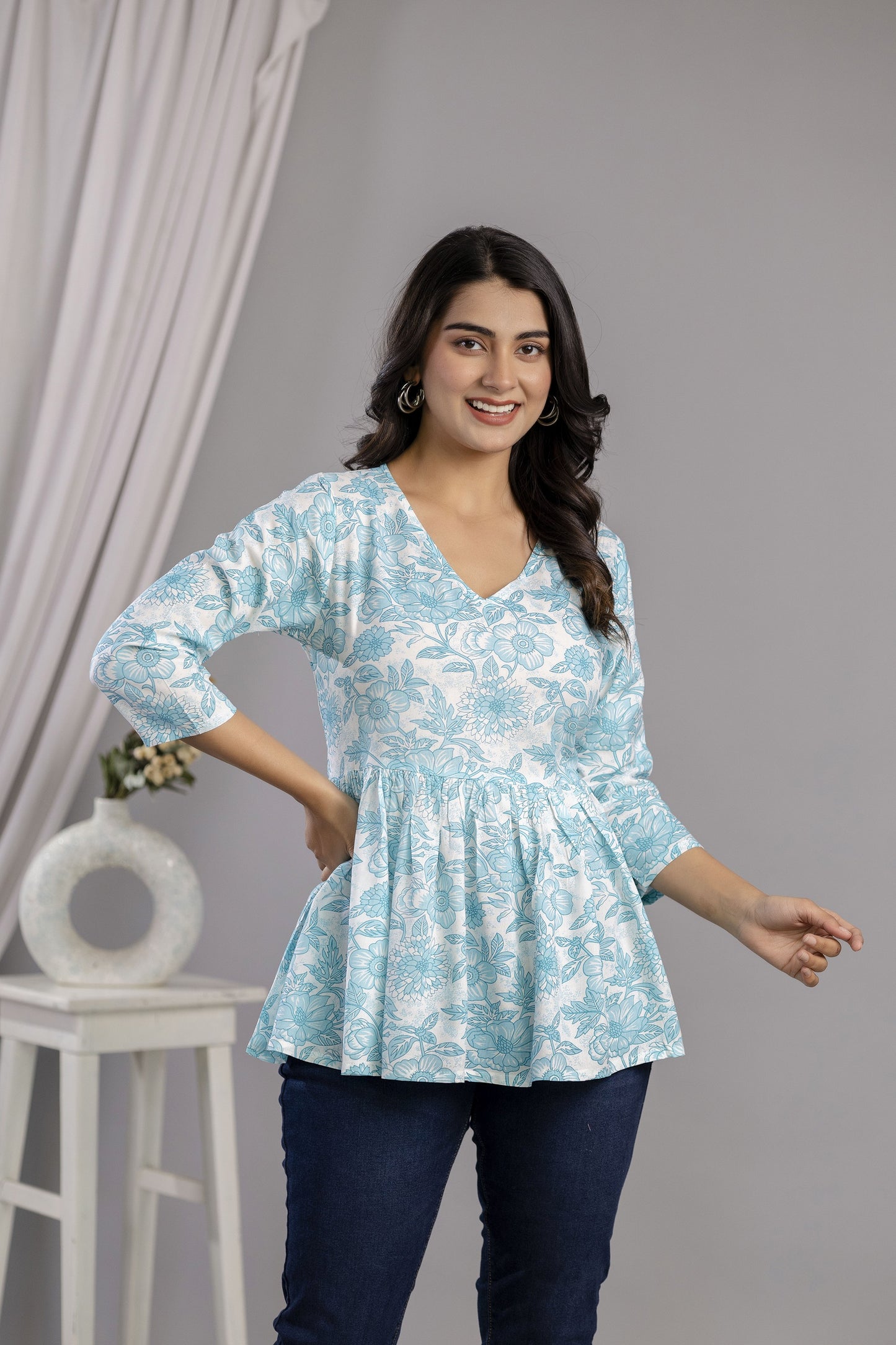 Veshviti Women Sky Blue Floral Print Peplum Top | V-Neck Casual Wear Top