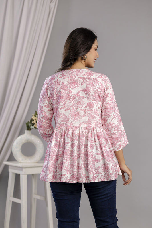 Veshviti Women Peach Floral Print Peplum Top | V-Neck Casual Wear Top