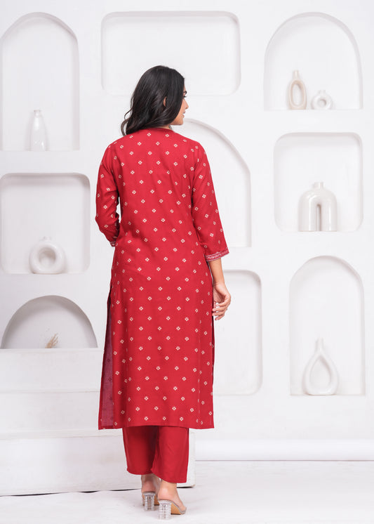 Maroon Embroidered V Neck Straight Rayon Kurta