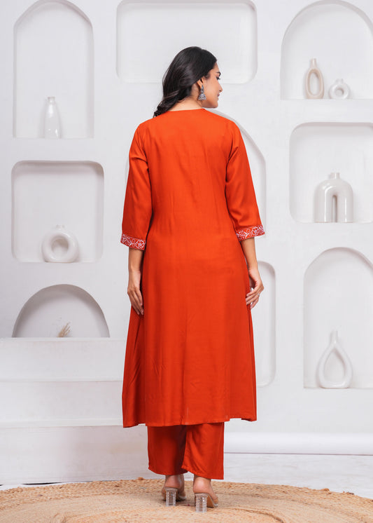 Women Rust Orange Rayon Kurta Pant Set | V-Neck Embroidered Straight Kurti with 3/4 Sleeves Ethnic Wear