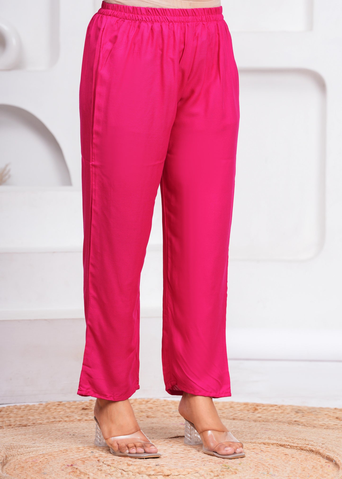 Women Pink Rayon Kurta Pant Set | V-Neck Embroidered Straight Kurti with 3/4 Sleeves Ethnic Wear
