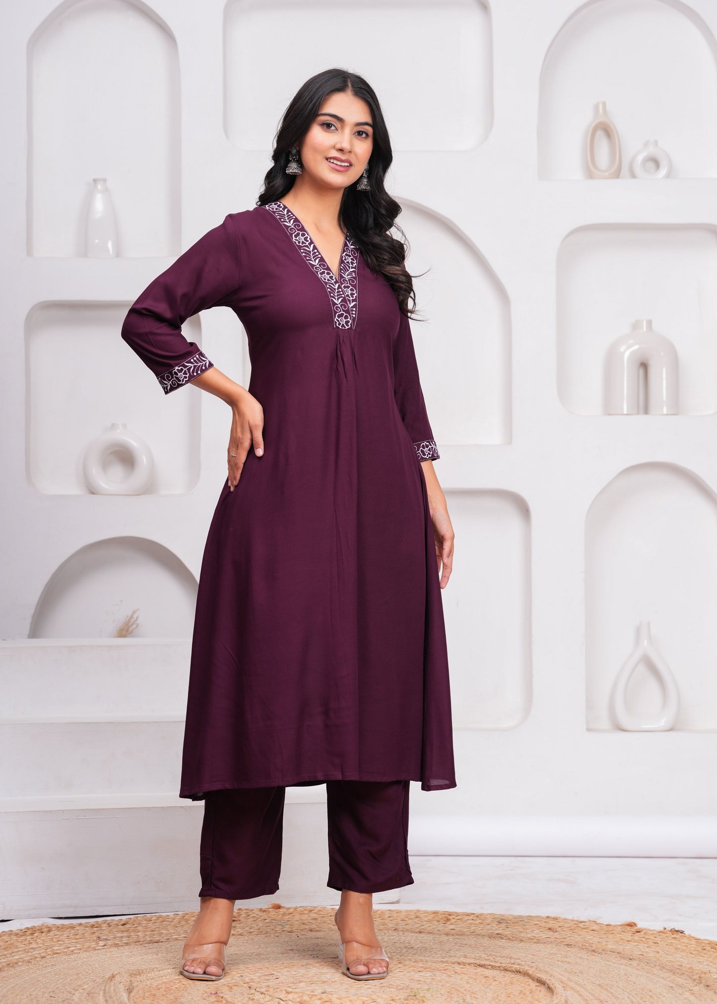 Women Wine Rayon Kurta Pant Set | V-Neck Embroidered Straight Kurti with 3/4 Sleeves Ethnic Wear