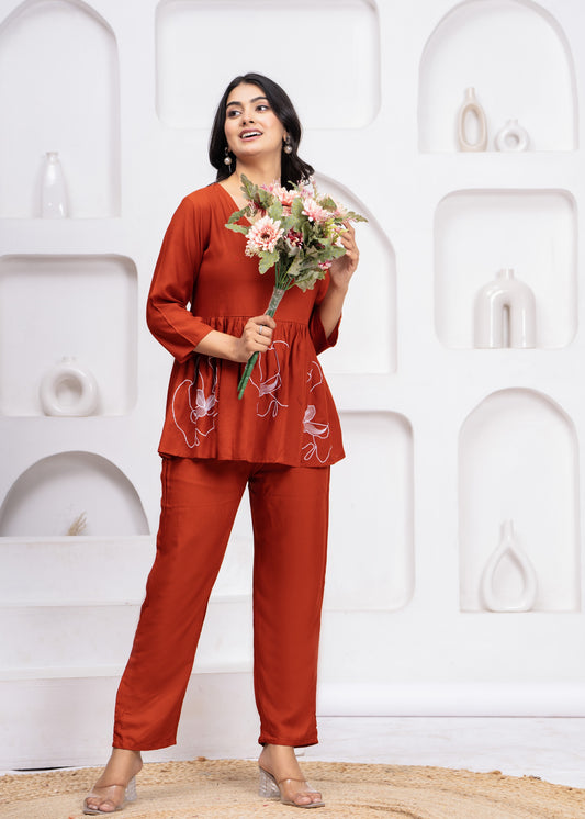 Women Rust Rayon Embroidered Kurta Pant Co-Ord Set | Stylish V-Neck Ethnic Cord Set for Women | Casual, Office & Daily Wear Outfit