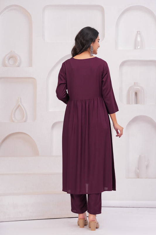 Women Wine Rayon Kurta Pant Co-Ord Set | Stylish Casual Ethnic Cord Set for Women | Comfortable Daily Wear Outfit