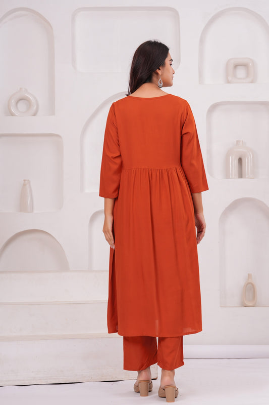Women Orange Rayon Kurta Pant Co-Ord Set | Stylish Casual Ethnic Cord Set for Women | Comfortable Daily Wear Outfit