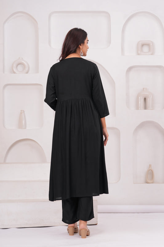 Women Black Rayon Kurta Pant Co-Ord Set | Stylish Casual Ethnic Cord Set for Women | Comfortable Daily Wear Outfit