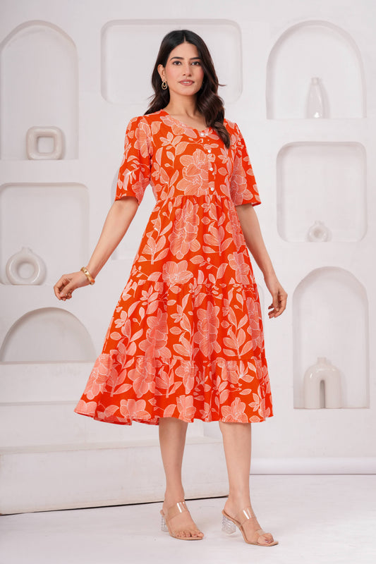 Veshviti Women Orange Floral Printed Midi Dress | Cotton Tiered A-Line Dress with Half Sleeves