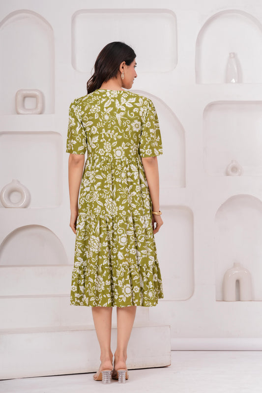 Veshviti Women Green Floral Printed Midi Dress | Cotton Tiered A-Line Dress with Half Sleeves