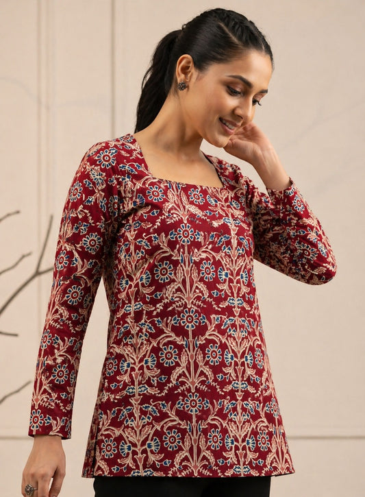 Veshviti Women Maroon Cotton Printed Top | Square Neck Full Sleeve Casual Tunic for Daily Wear