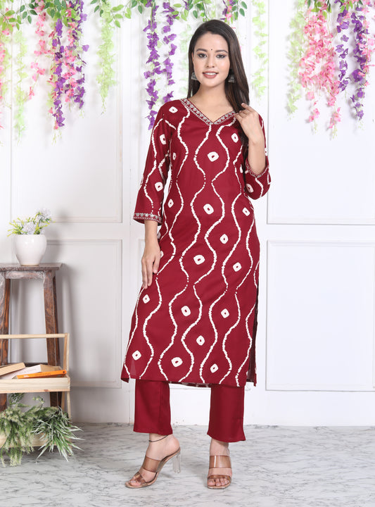 Maroon Lehriya Printed Women Embroidered V neck Staright Kurta