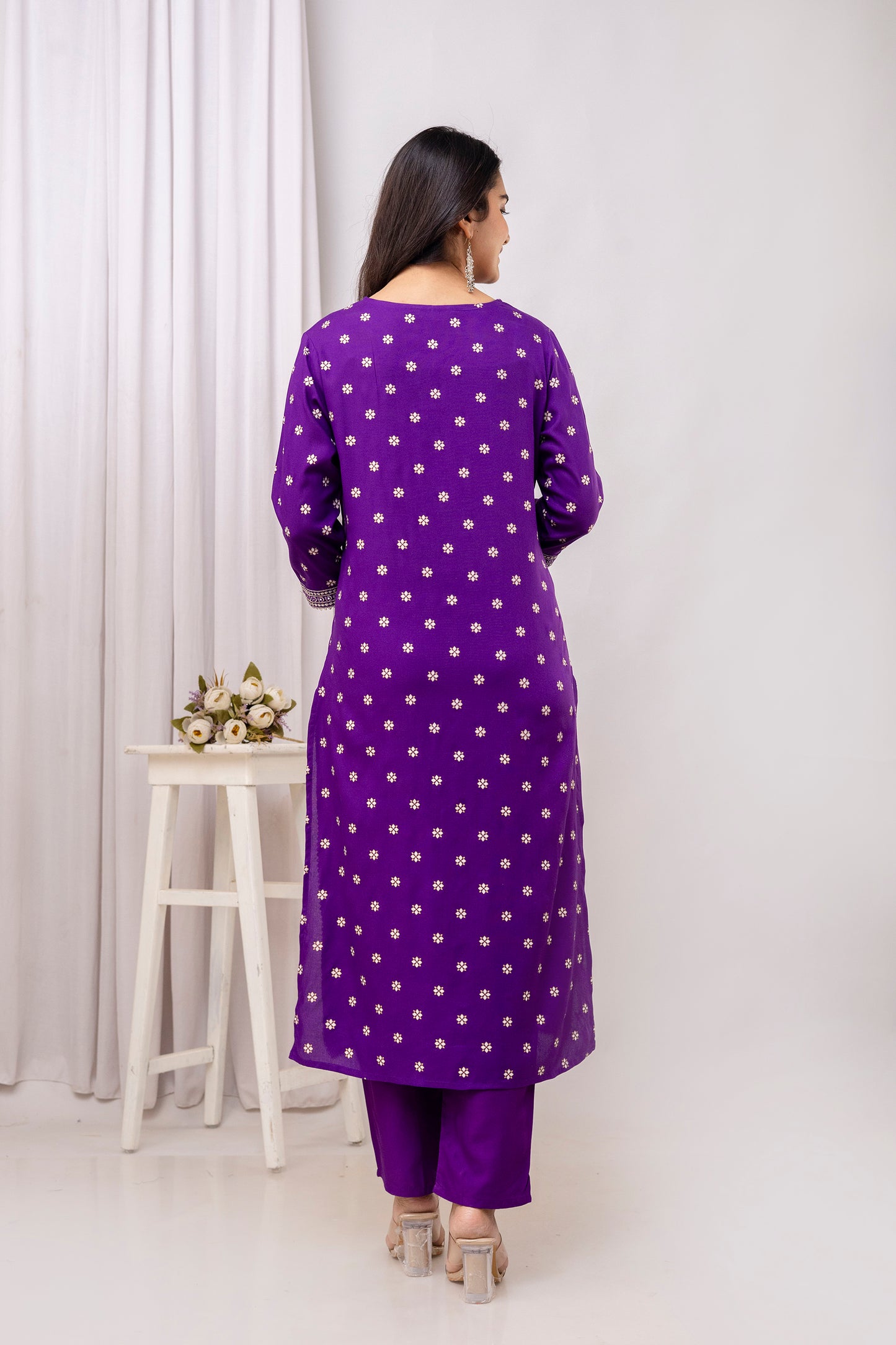 Purple Embroidered V Neck Women Straight Rayon Kurta Set