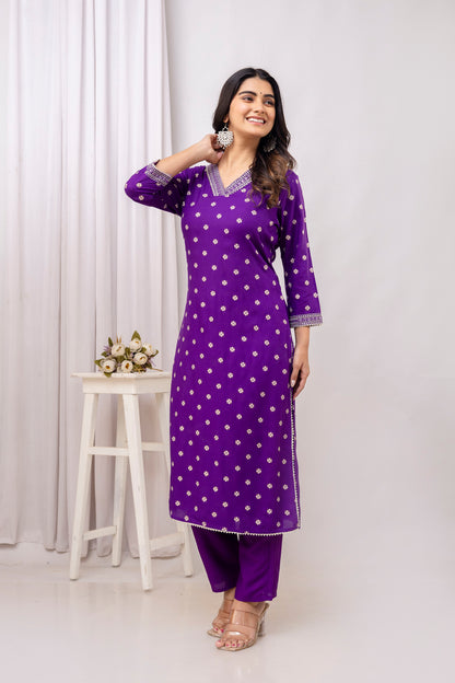 Purple Embroidered V Neck Women Straight Rayon Kurta Set