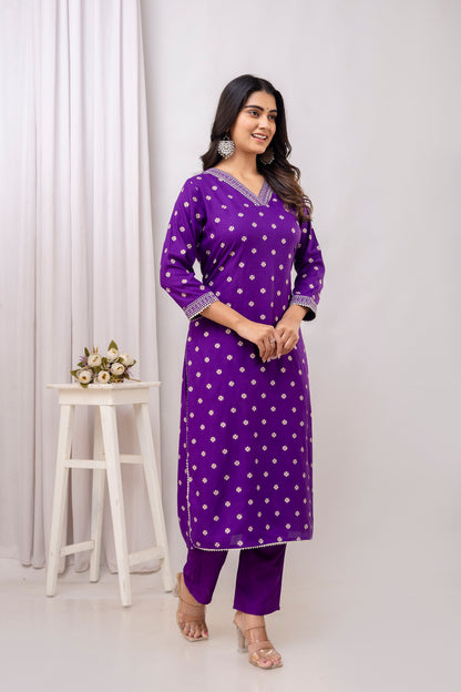 Purple Embroidered V Neck Women Straight Rayon Kurta Set