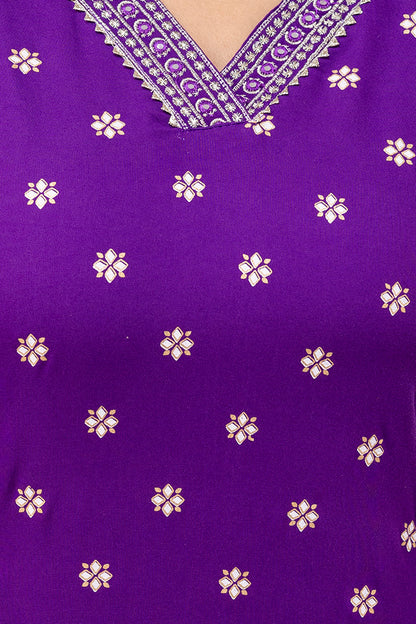 Purple Embroidered V Neck Women Straight Rayon Kurta Set