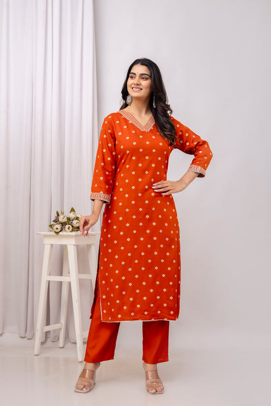 Rust Embroidered V Neck Women Straight Rayon Kurta Set