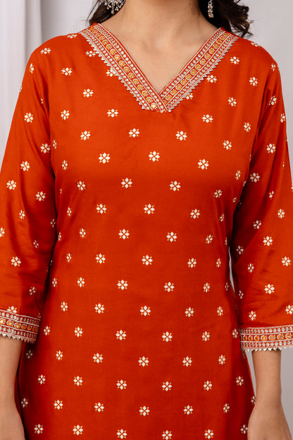 Rust Embroidered V Neck Women Straight Rayon Kurta Set