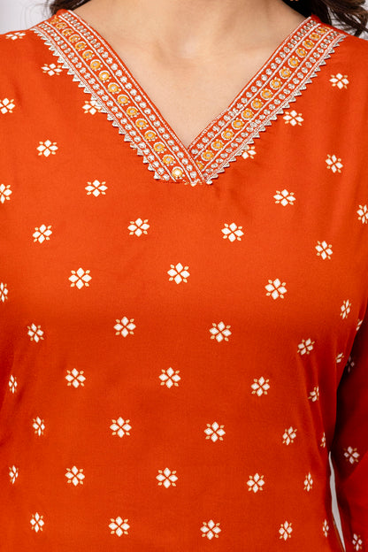Rust Embroidered V Neck Women Straight Rayon Kurta Set
