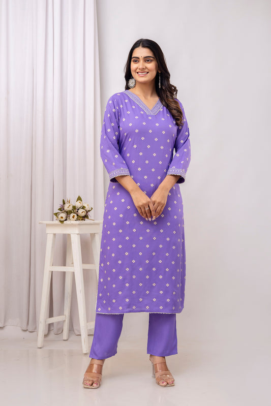 Embroidered V Neck Women Straight Rayon Kurta Set