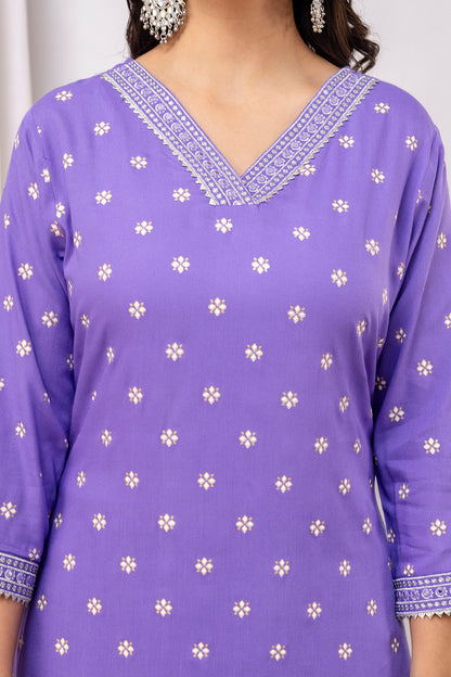 Embroidered V Neck Women Straight Rayon Kurta Set