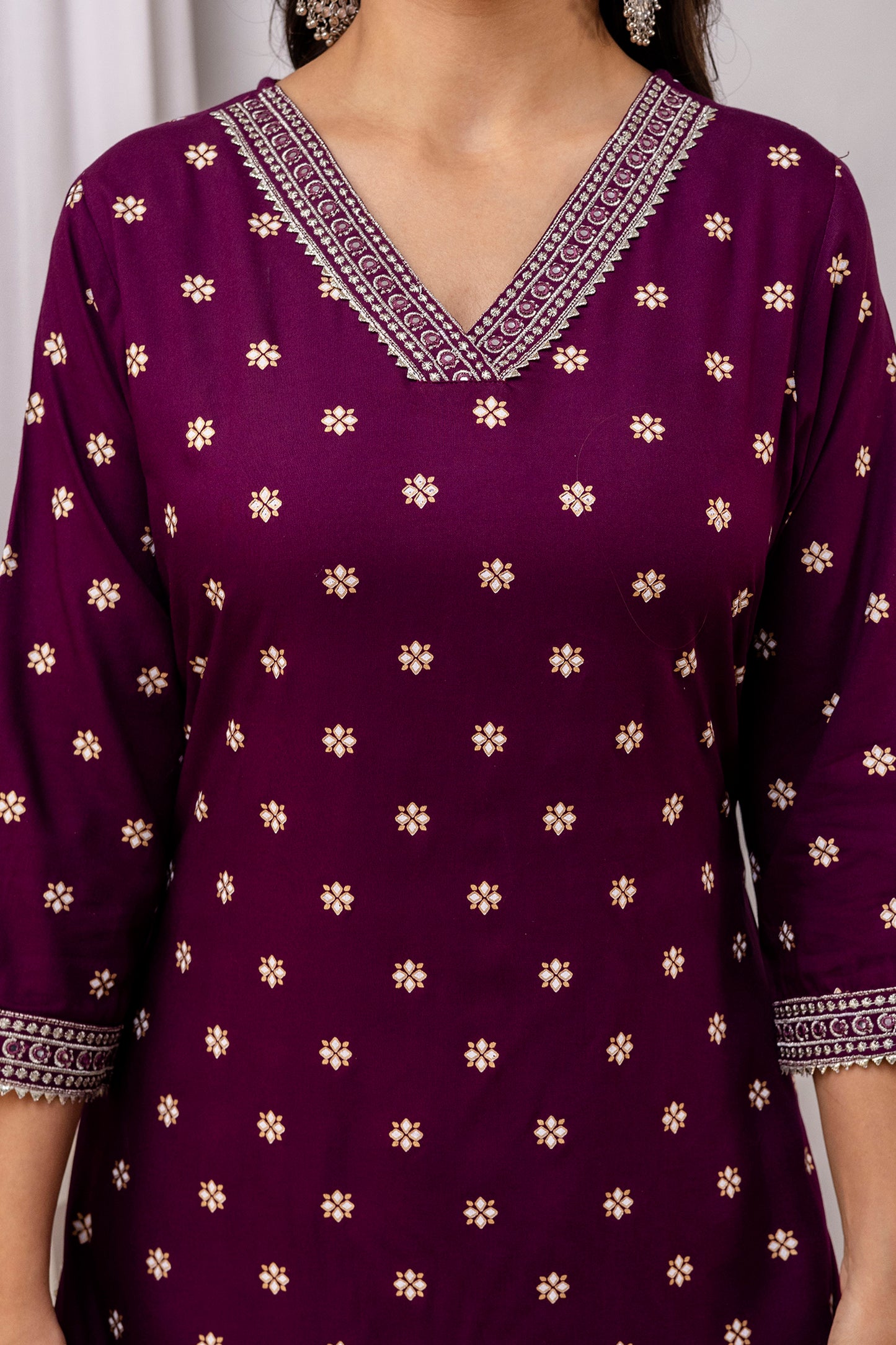 Wine Embroidered V Neck Women Straight Rayon Kurta Set