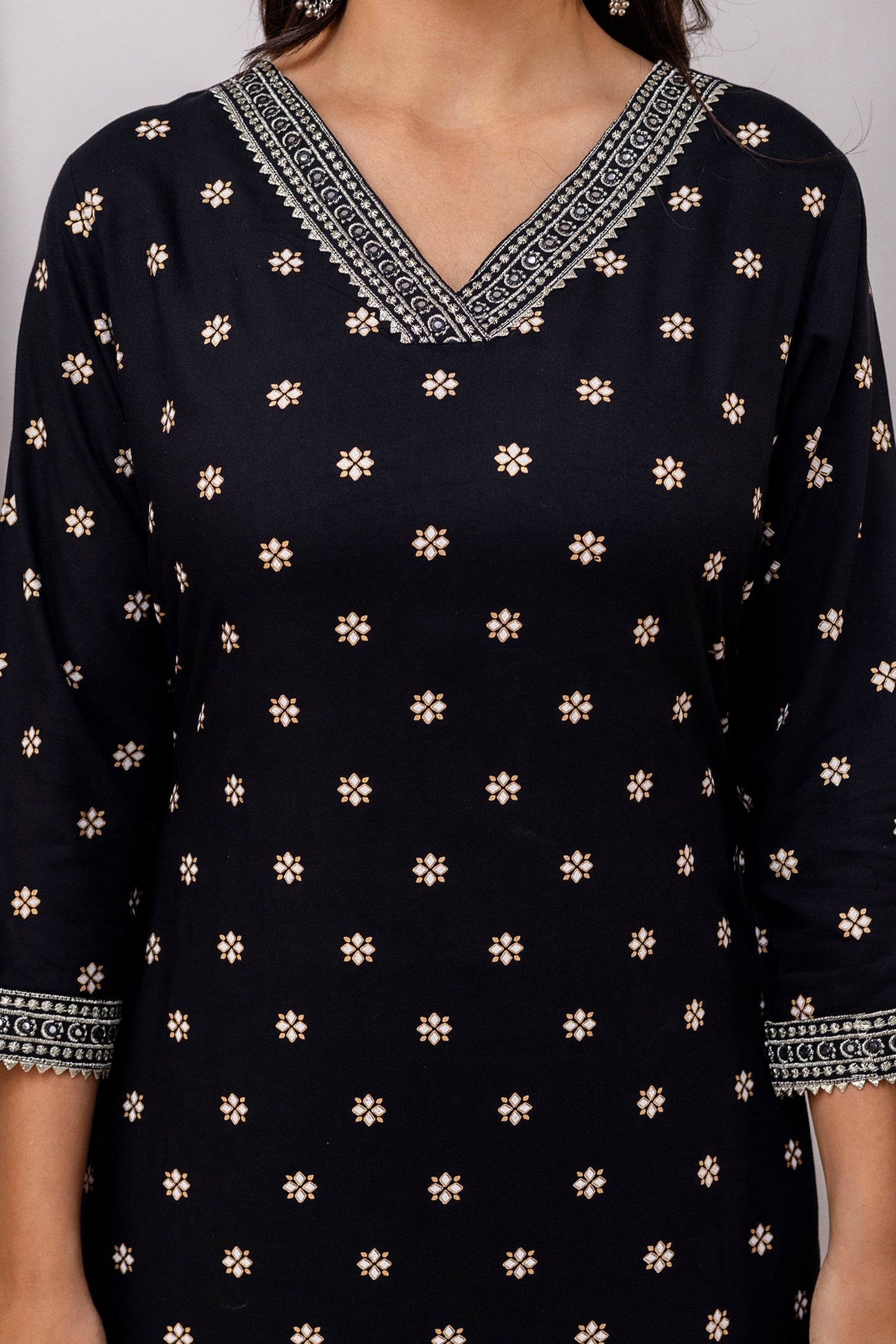 Black Embroidered V Neck Women Straight Rayon Kurta Set