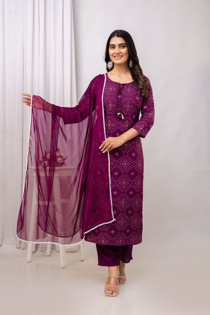Wine Rayon Bandhani Printed Straight Kurta Pant and Dupatta Set with Dori and Tussels