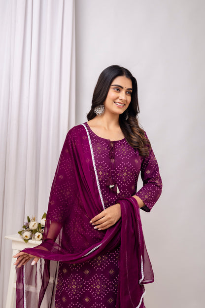 Wine Rayon Bandhani Printed Straight Kurta Pant and Dupatta Set with Dori and Tussels